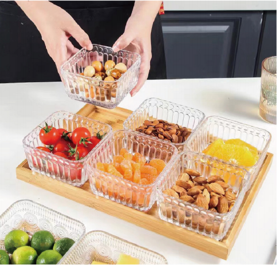 Glass bowls 6pcs with bamboo tray